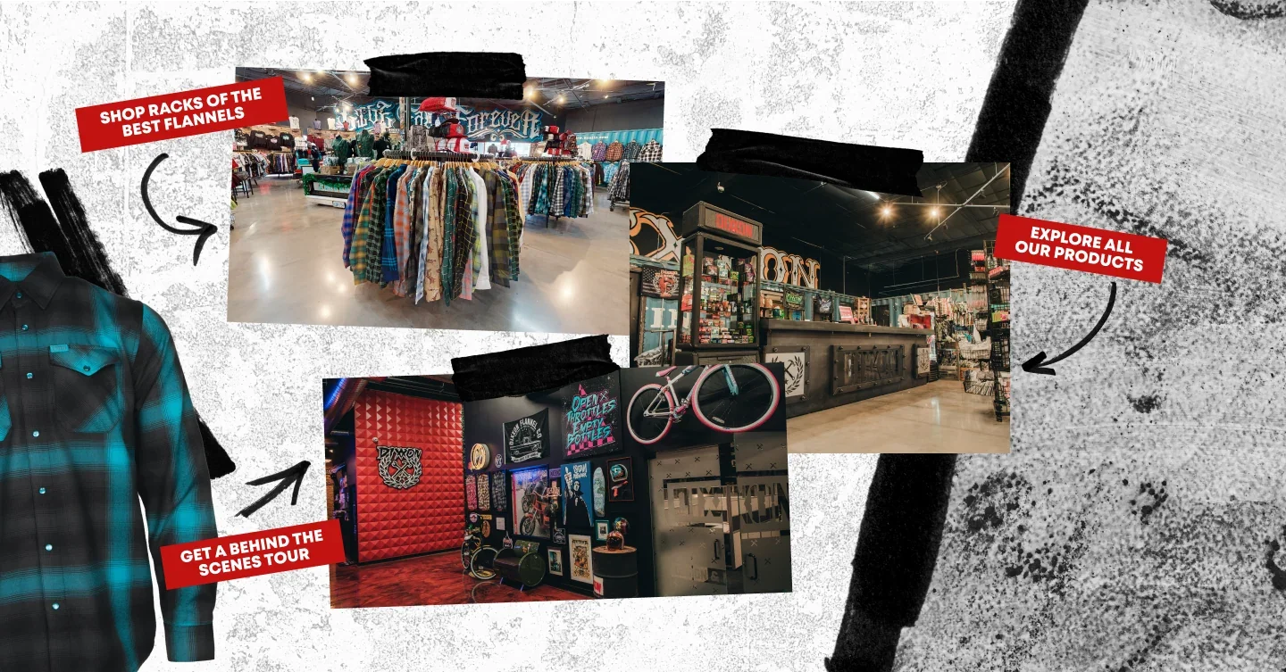 Collage of the showroom: racks of flannels, the counter, and the red Hall of Fame wall.