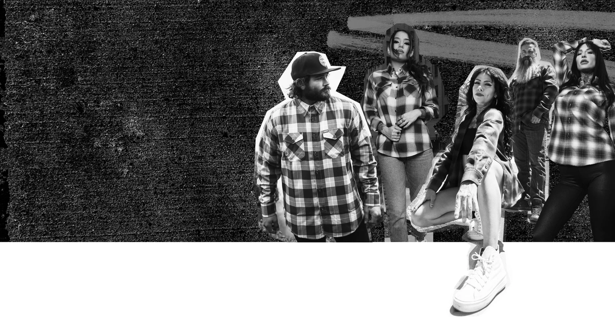 Five people from the Dixxon crew in plaid flannels, cut out in black and white against black asphalt.