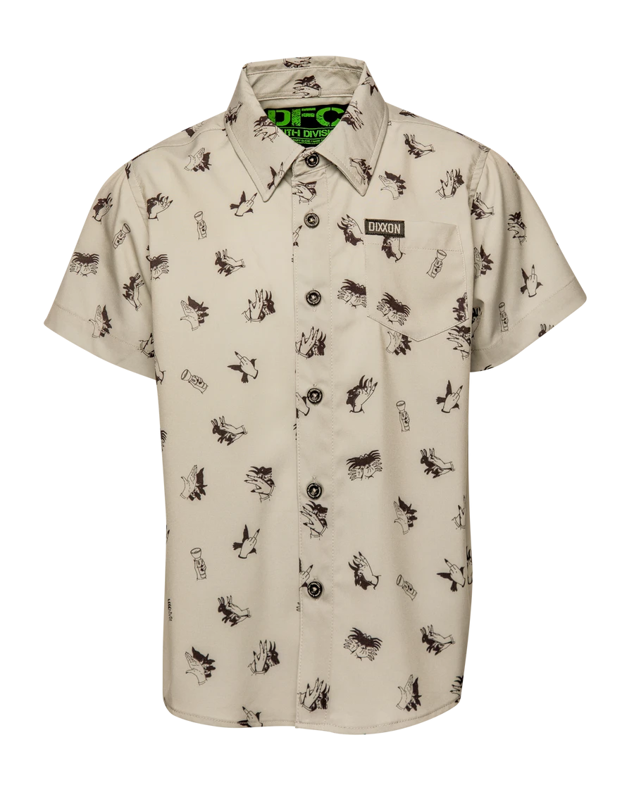 Youth Unhinged Party Shirt, cream short sleeve with black illustrated print.