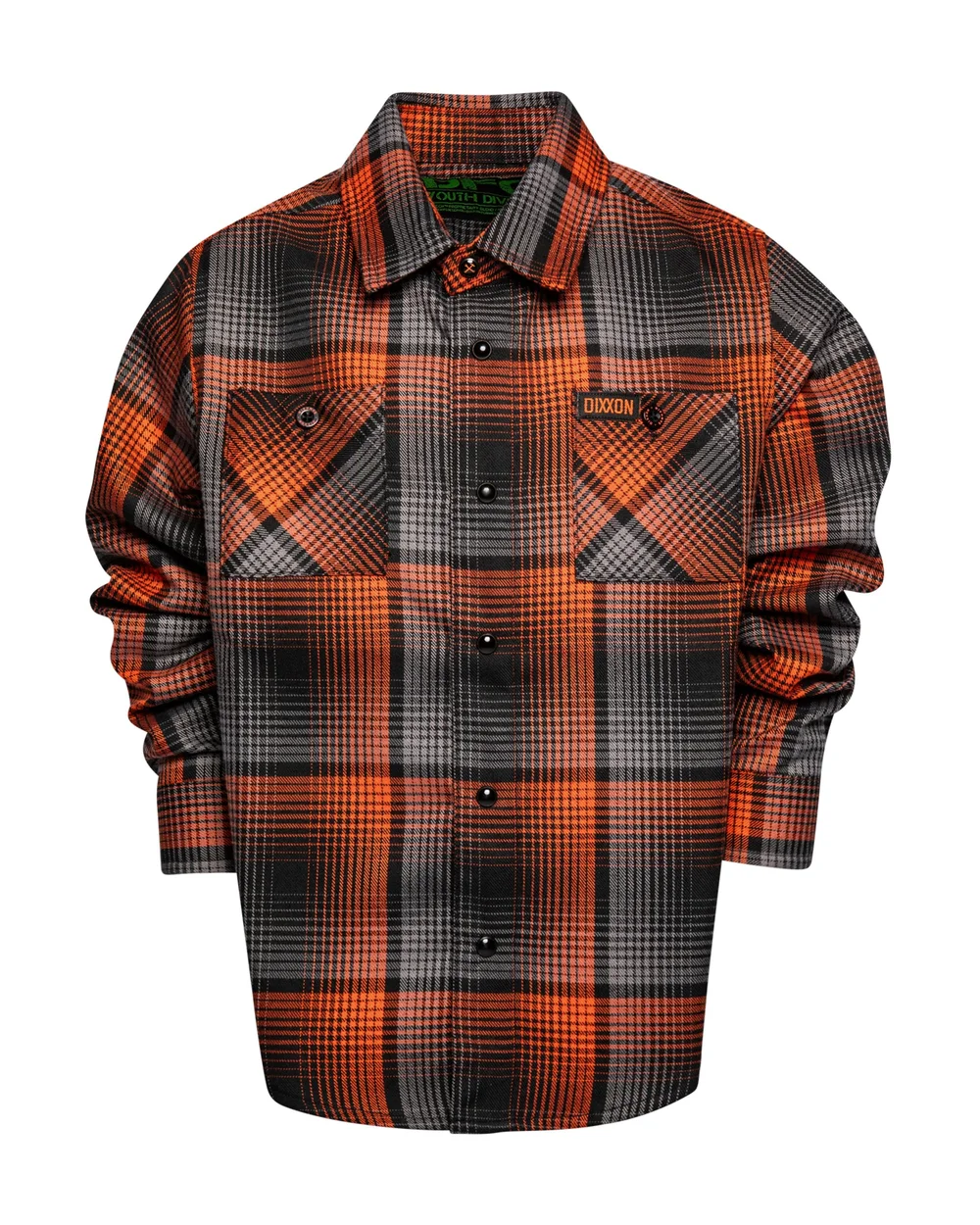 Youth The Samhain Flannel, orange, gray and black plaid, laid flat.