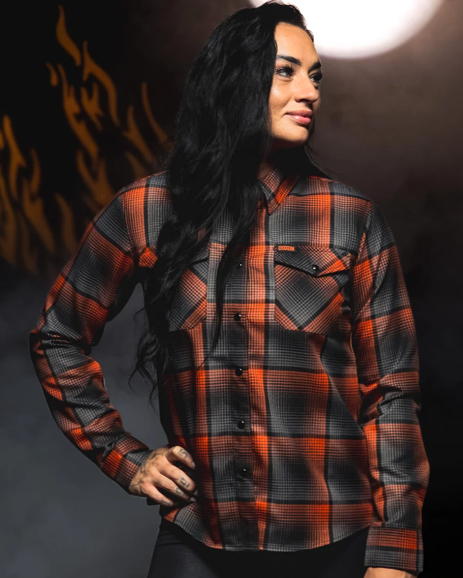 Women's The Samhain Flannel in orange, gray and black plaid.