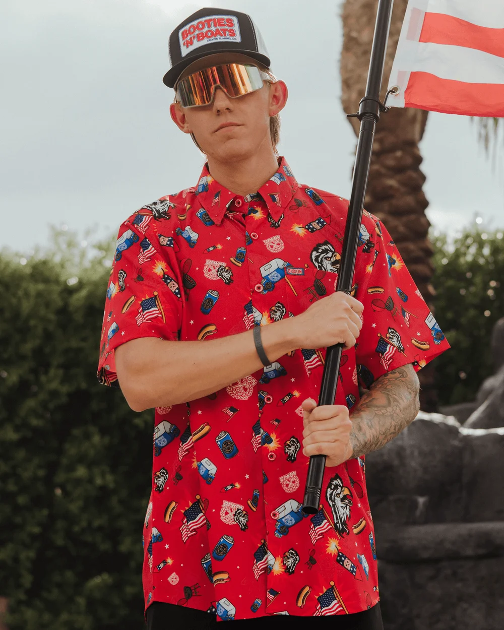 Hell Yeah, Brother Party Shirt in red with printed graphics.