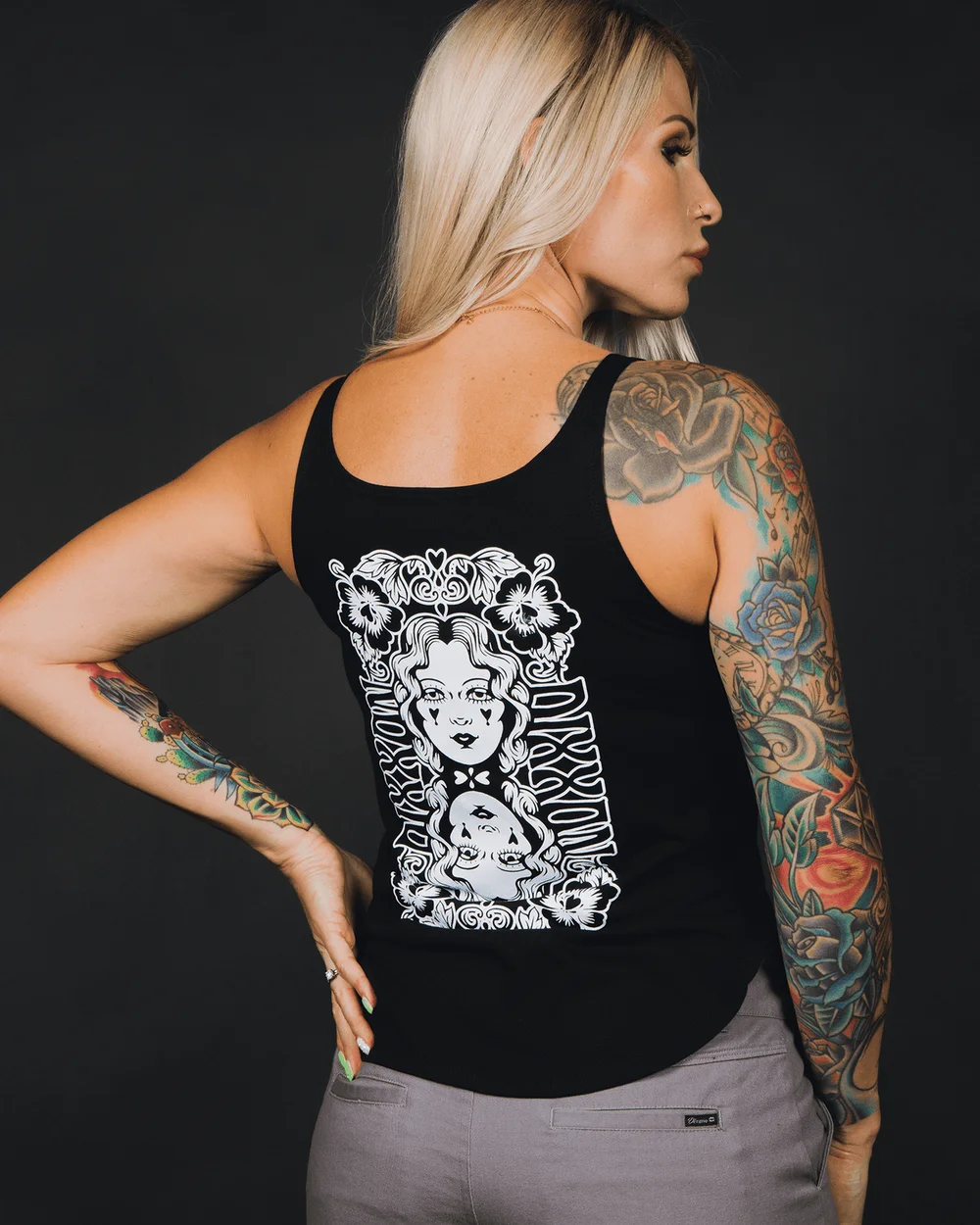 Women's Two Faced Flowy Tank - Black, seen from the back.