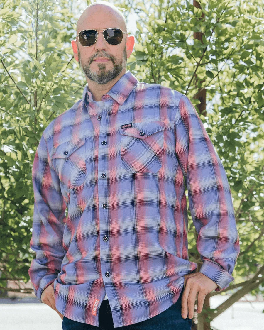 Childhelp Flannel, pink and blue plaid, worn by a man in sunglasses.